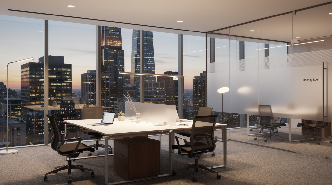 Modern corporate office with glass walls and city skyline view