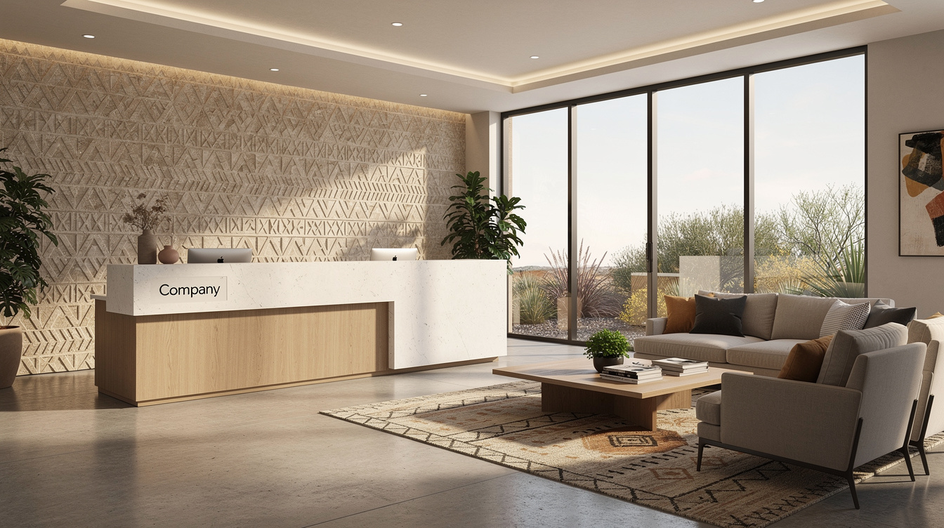 Modern office reception area with warm lighting